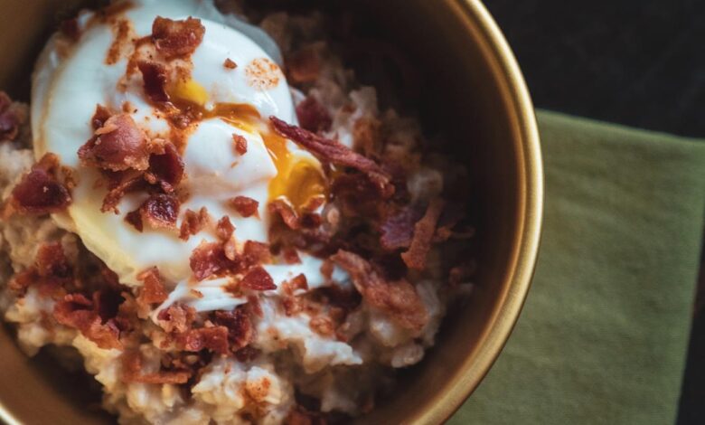 Savory oatmeal bowl with poached egg