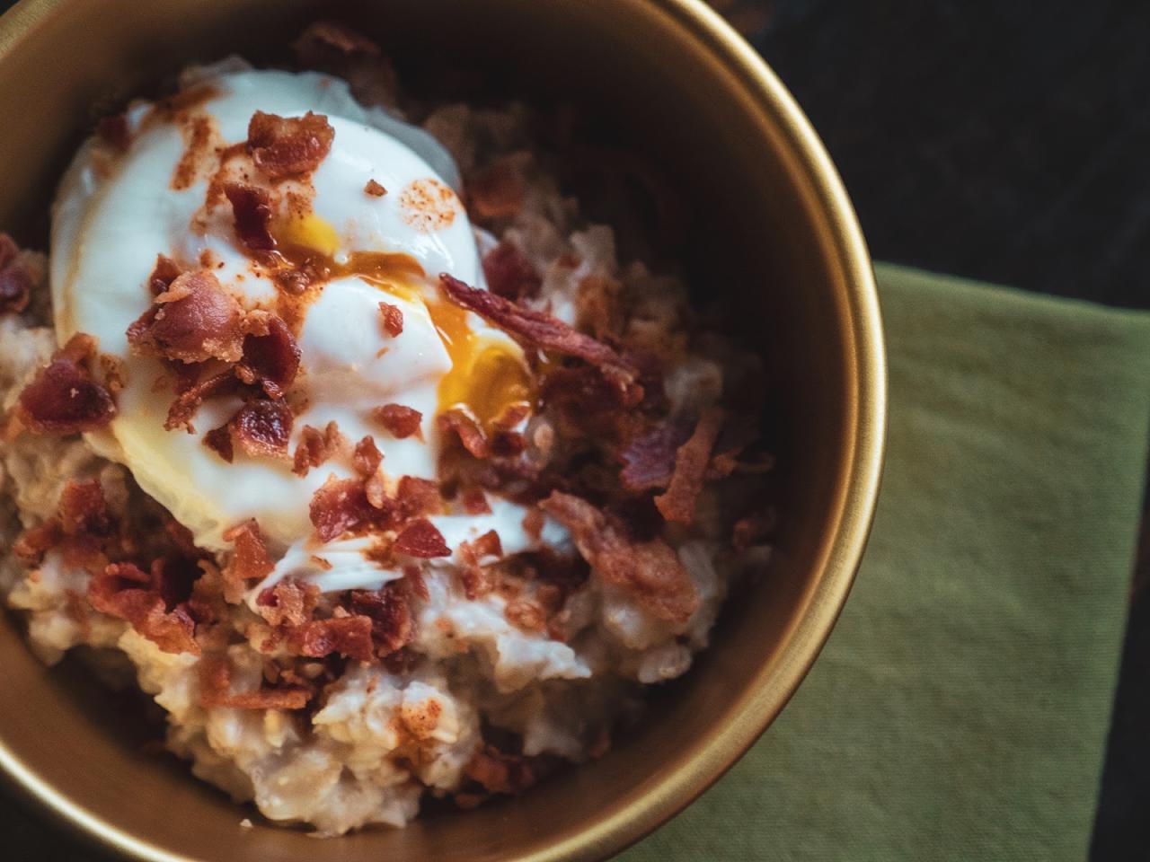 Savory oatmeal bowl with poached egg