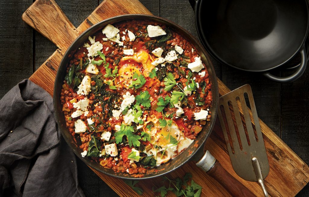 Spicy lentil shakshuka with garlicky yogurt