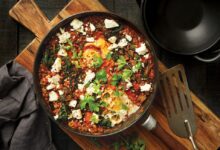 Spicy lentil shakshuka with garlicky yogurt