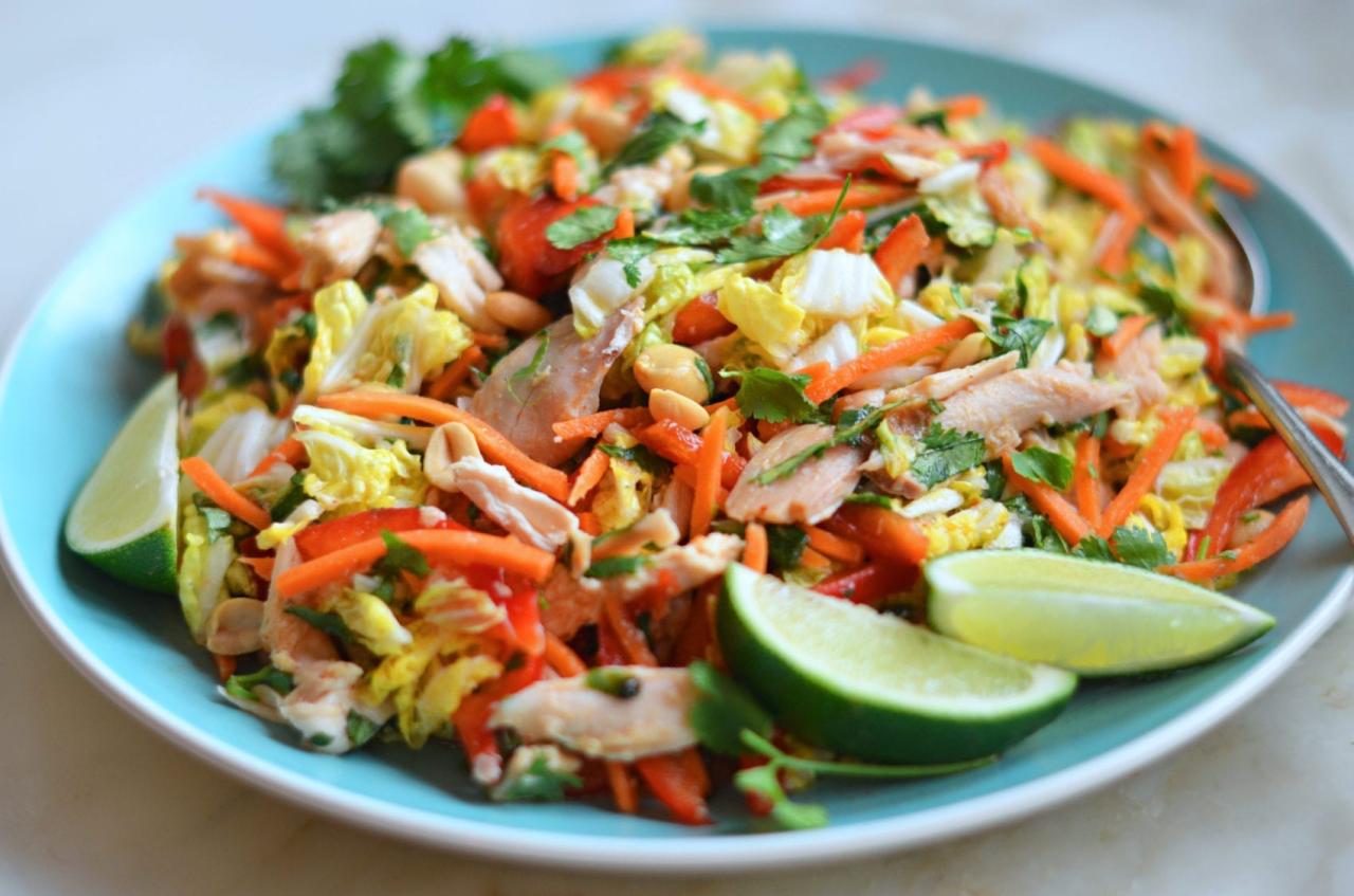 Shredded vegetable salad with sesame chicken strips