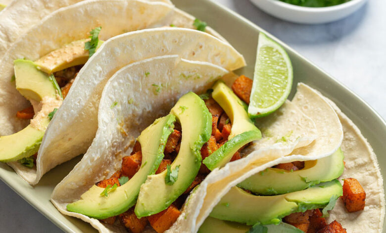 Marinated mushroom sweet potato tacos