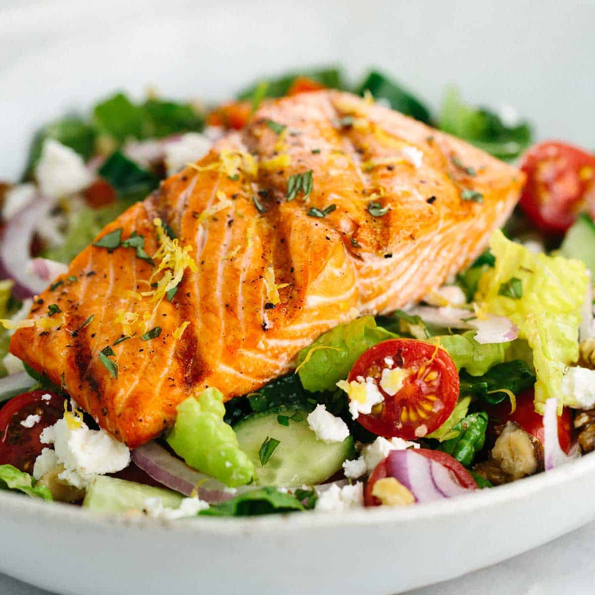 Two pea salad with simple seared salmon