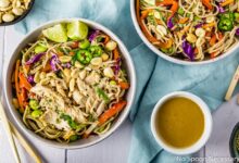 Cold chicken soba noodle bowls with ginger carrot dressing