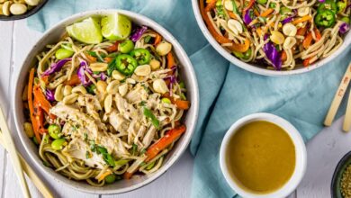 Cold chicken soba noodle bowls with ginger carrot dressing