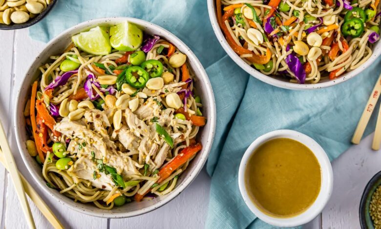 Cold chicken soba noodle bowls with ginger carrot dressing