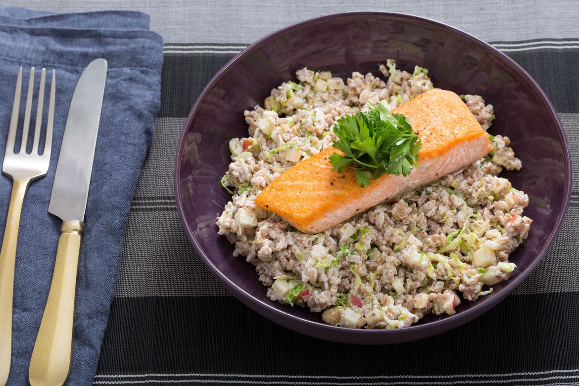 Farro salad with seared brussels sprouts