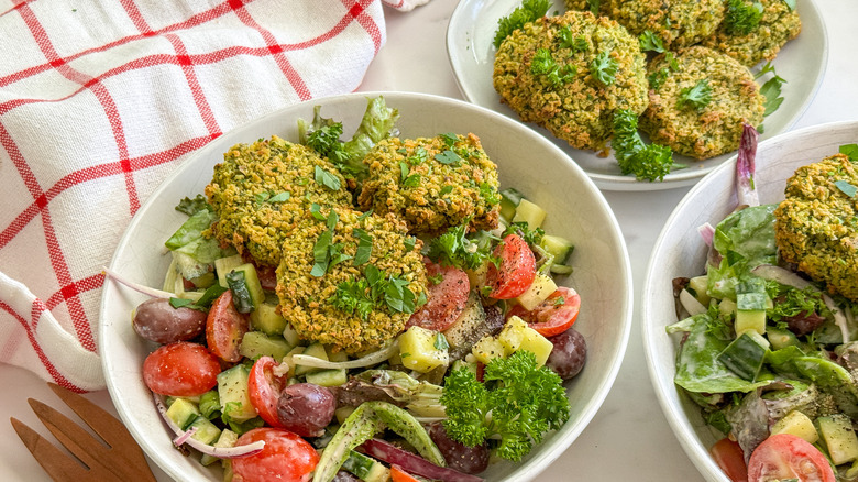 Baked falafel with shaved cucumber salad and tahini dressing