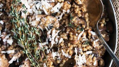 Seared portobello mushroom and squash barley risotto