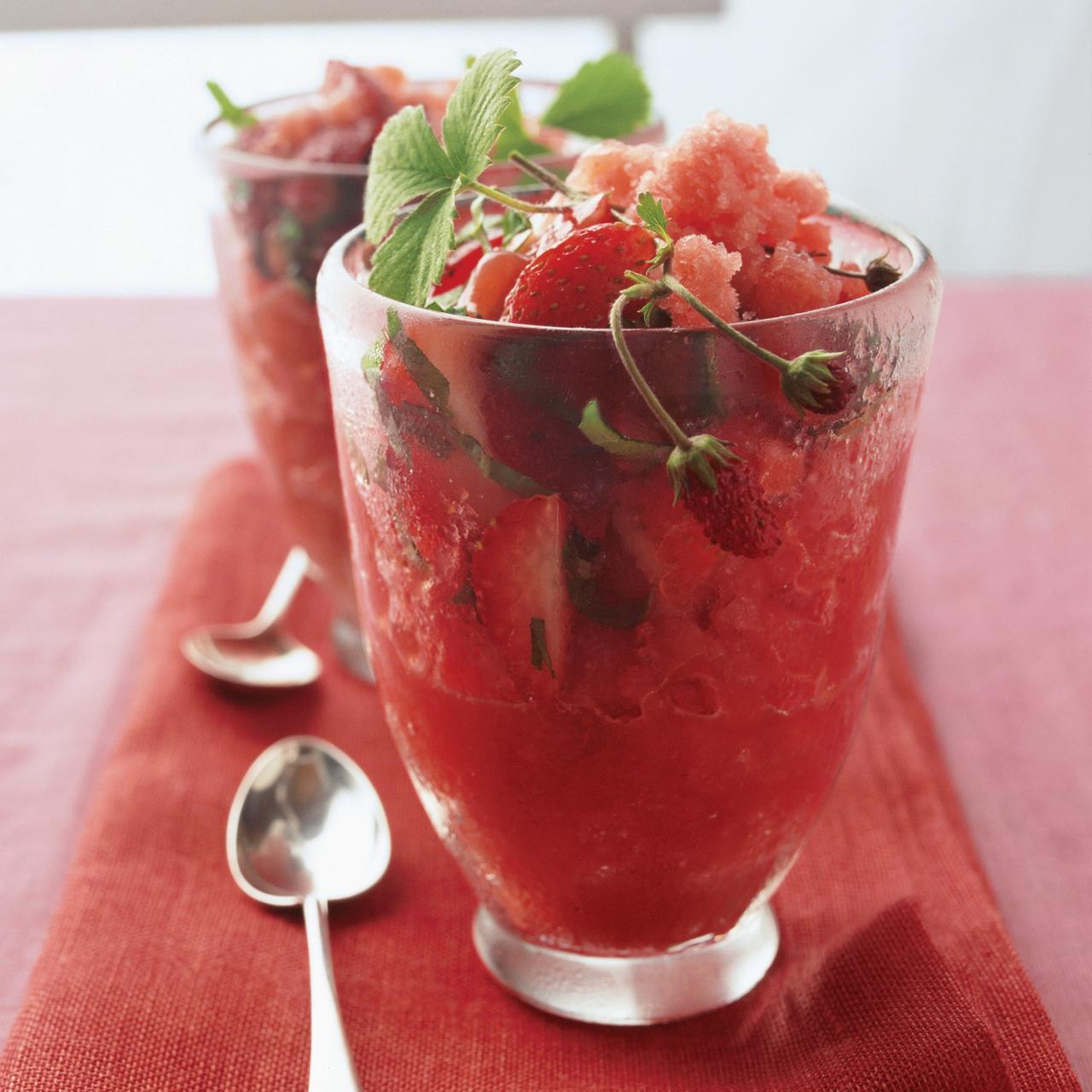 Strawberry granita with pistachios and cream