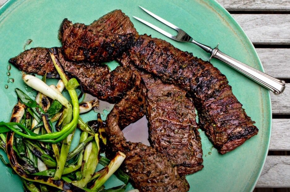 Grilled skirt steak with cucumber and corn salad