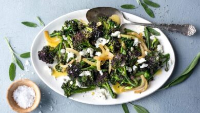 Wok seared purple broccoli with creamy sauce