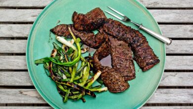 Grilled skirt steak with cucumber and corn salad