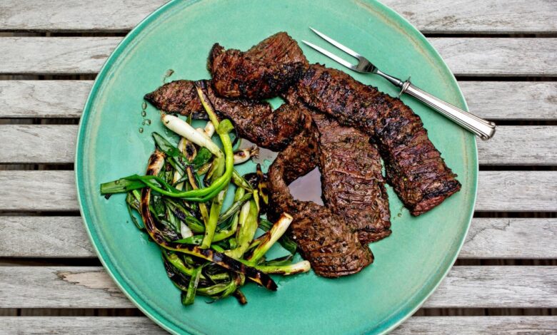 Grilled skirt steak with cucumber and corn salad