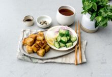 Crispy tofu bowl with snap pea miso salad