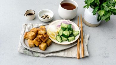 Crispy tofu bowl with snap pea miso salad