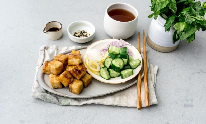 Crispy tofu bowl with snap pea miso salad