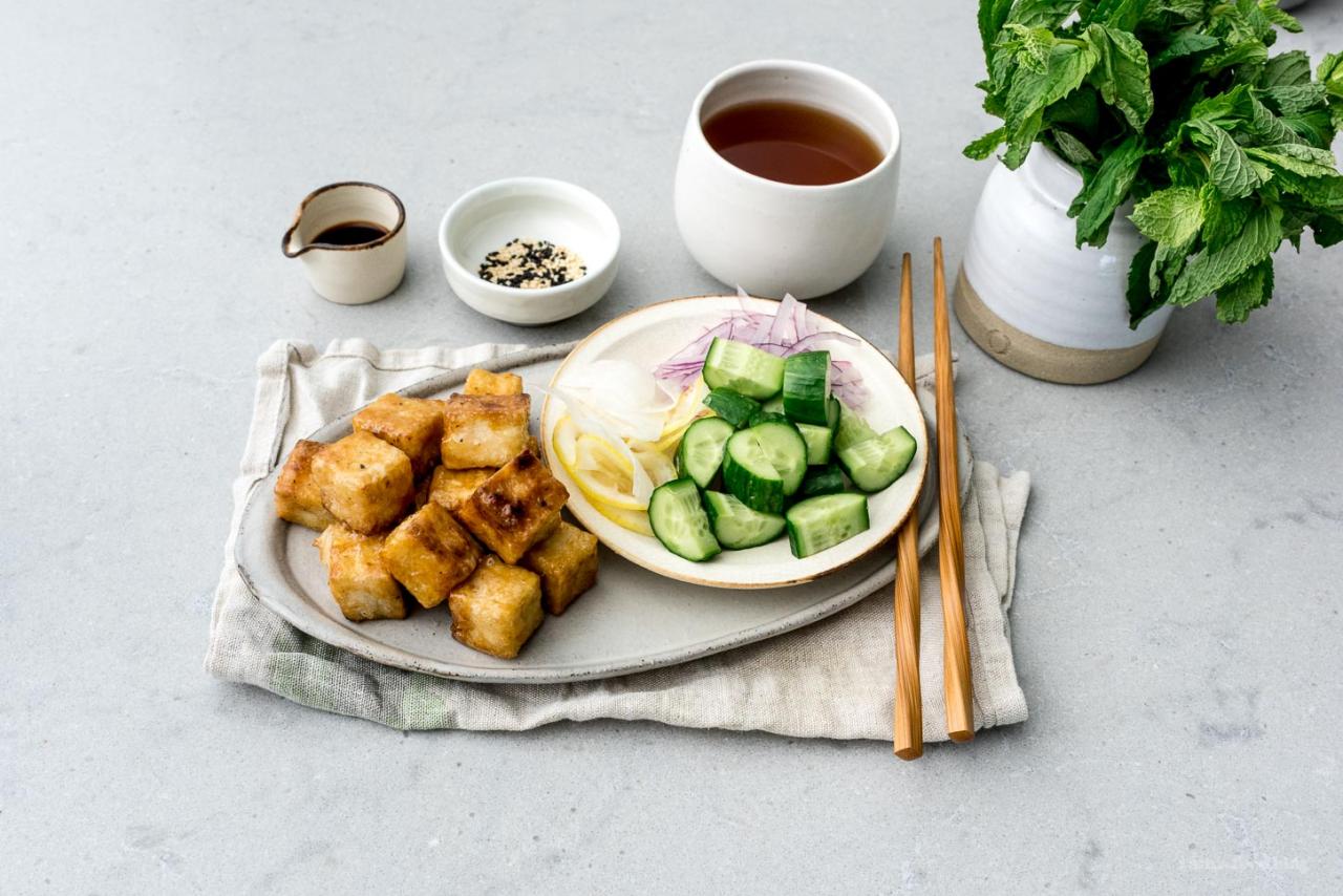 Crispy tofu bowl with snap pea miso salad