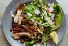 Dukkah crusted chicken shawarma salad with tahini ranch