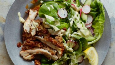 Dukkah crusted chicken shawarma salad with tahini ranch