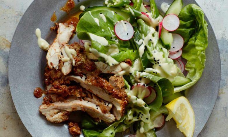 Dukkah crusted chicken shawarma salad with tahini ranch