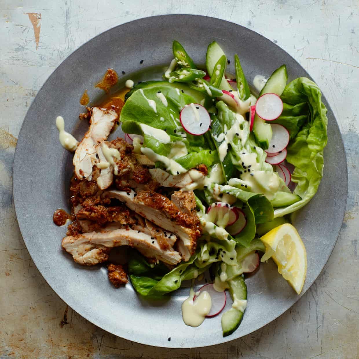 Dukkah crusted chicken shawarma salad with tahini ranch