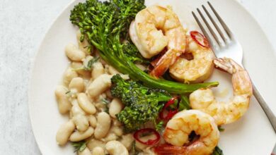 Roasted shrimp with white beans