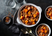 Lentil sausage stew with sweet potato croutons