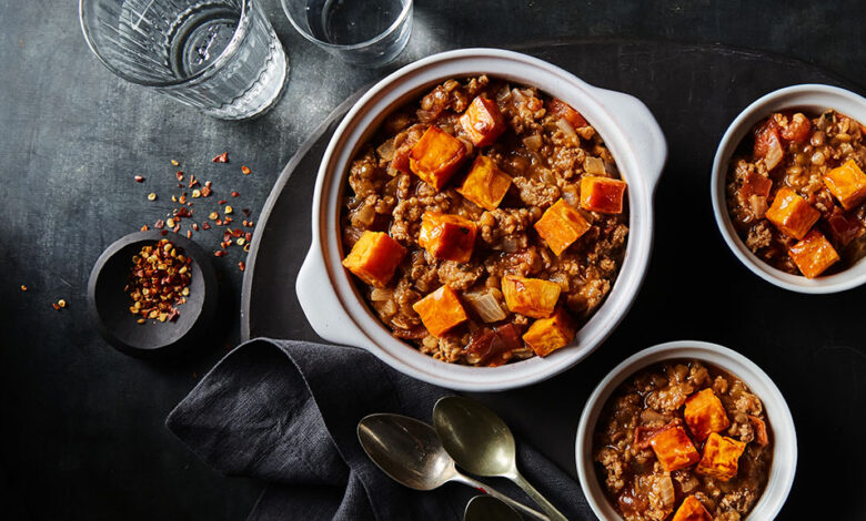 Lentil sausage stew with sweet potato croutons