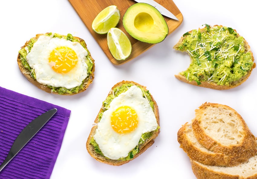 Open faced avocado egg salad sandwich