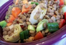 Warm lentil broccolini and snap pea salad