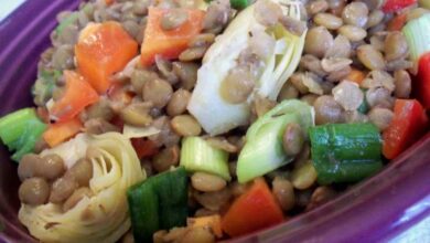 Warm lentil broccolini and snap pea salad