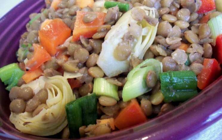 Warm lentil broccolini and snap pea salad