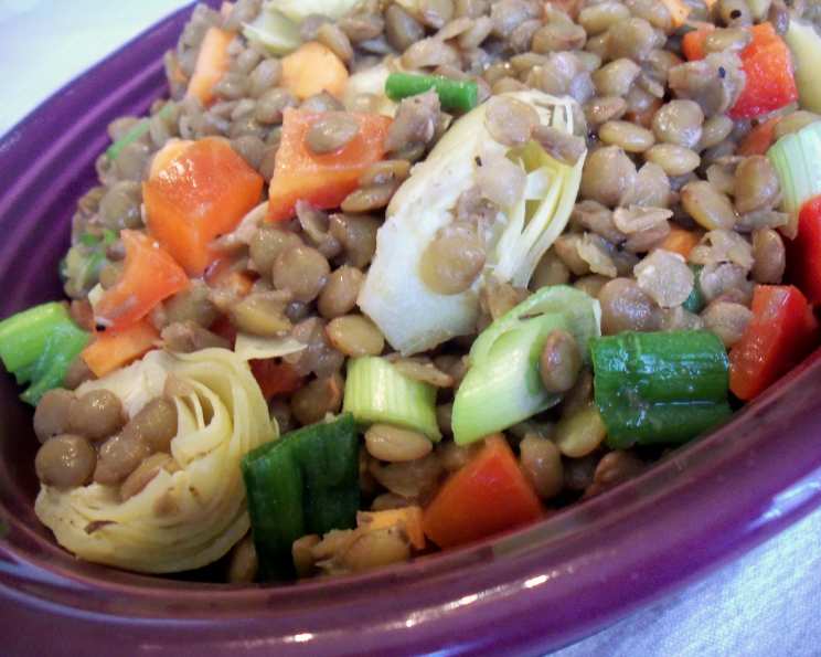 Warm lentil broccolini and snap pea salad