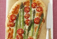 Asparagus and pea pesto salad pizza