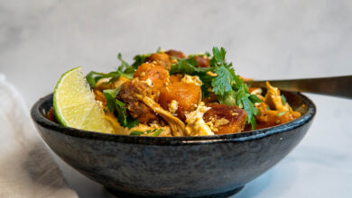 Chicken and sweet potato farro bowl