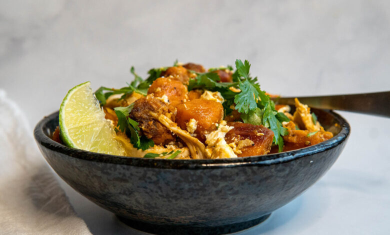 Chicken and sweet potato farro bowl