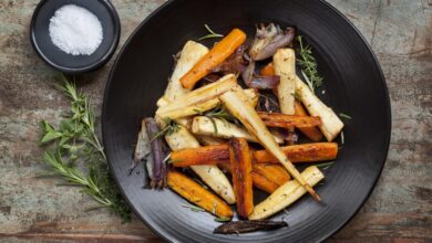 Roasted carrot noodles with creamy herb dressing