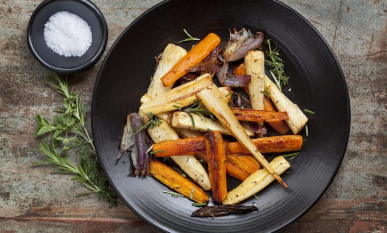 Roasted carrot noodles with creamy herb dressing