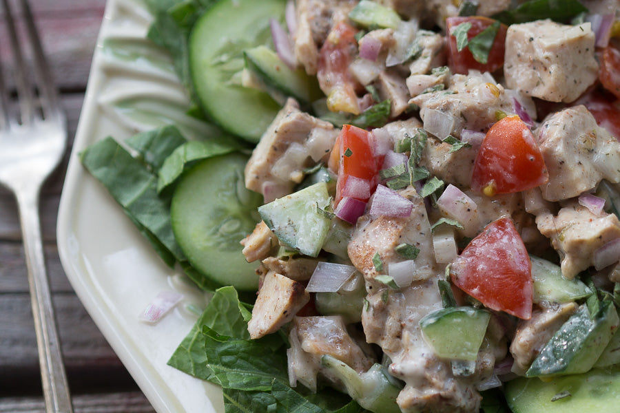 Dukkah crusted chicken shawarma salad with tahini ranch