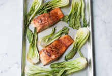 Sheet pan miso salmon with baby bok choy