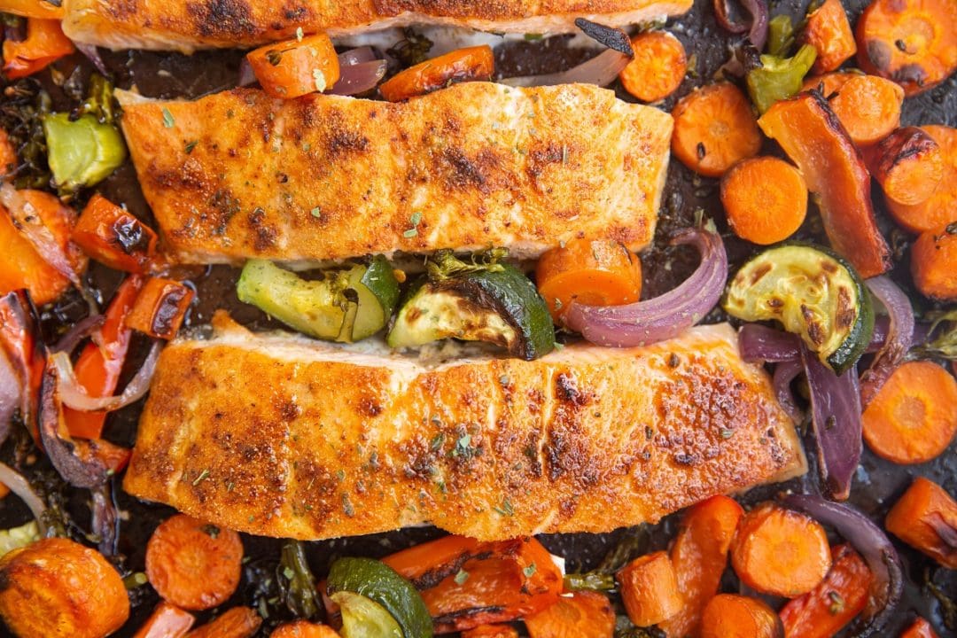 Sheet pan salmon and herb roasted vegetables