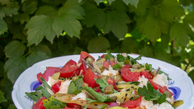 Strawberry and tomato panzanella salad