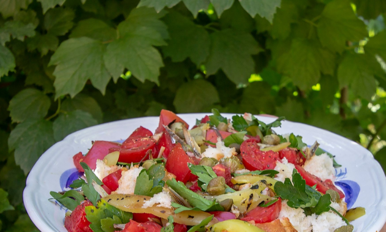 Strawberry and tomato panzanella salad