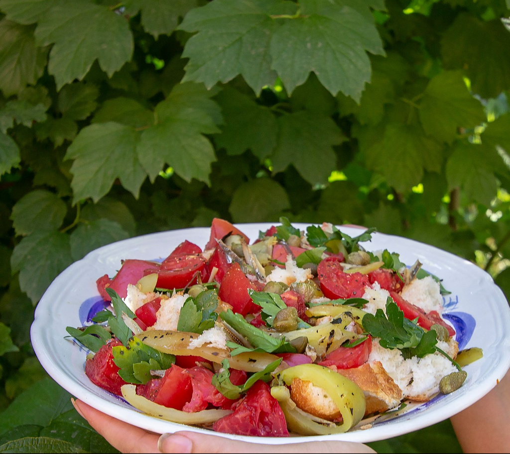 Strawberry and tomato panzanella salad