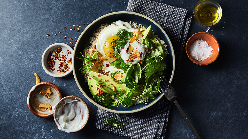 Fried egg and avocado breakfast bowls
