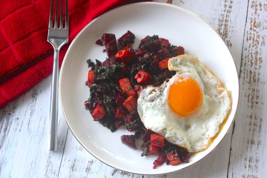 Make ahead beet and kale potato hash with baked eggs