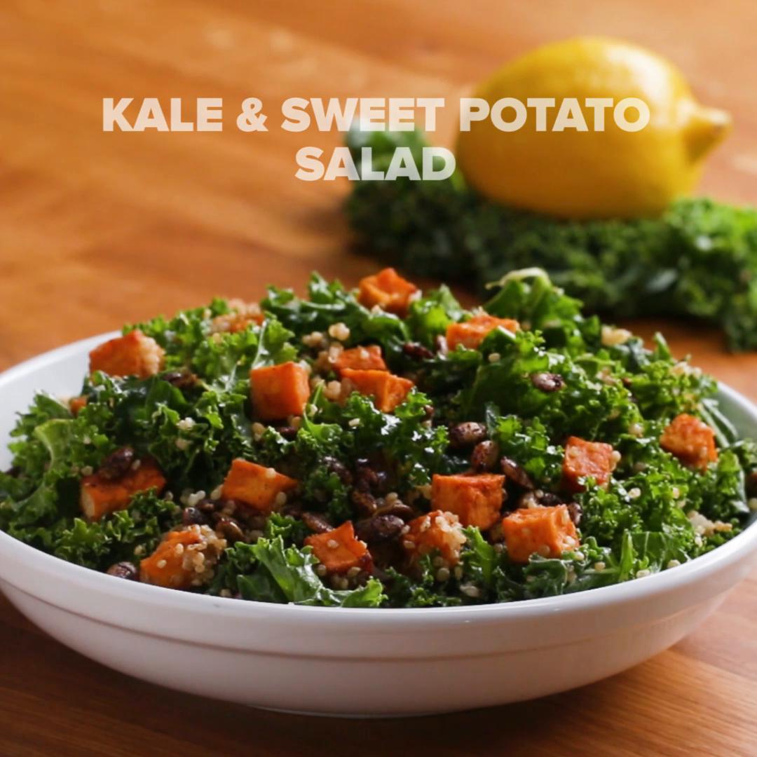 Warm kale and sweet potato salad with veggie sausage