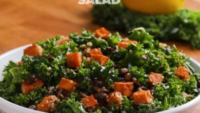 Warm kale and sweet potato salad with veggie sausage