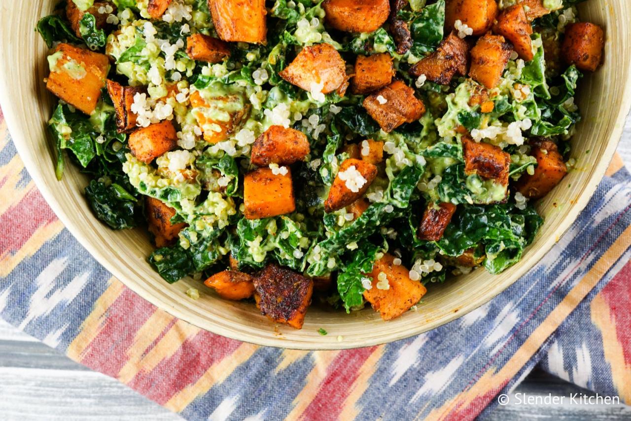 Warm kale and sweet potato salad with veggie sausage